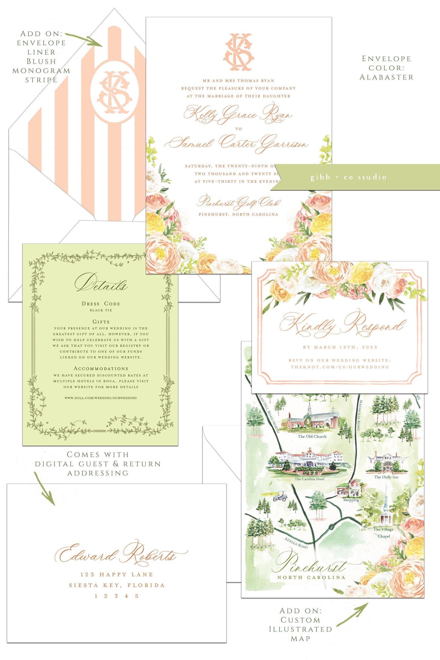 Floral wedding invitations, garden wedding, Julie Semi Custom wedding invites, rsvp, detail, peony, roses, watercolor floral invitation