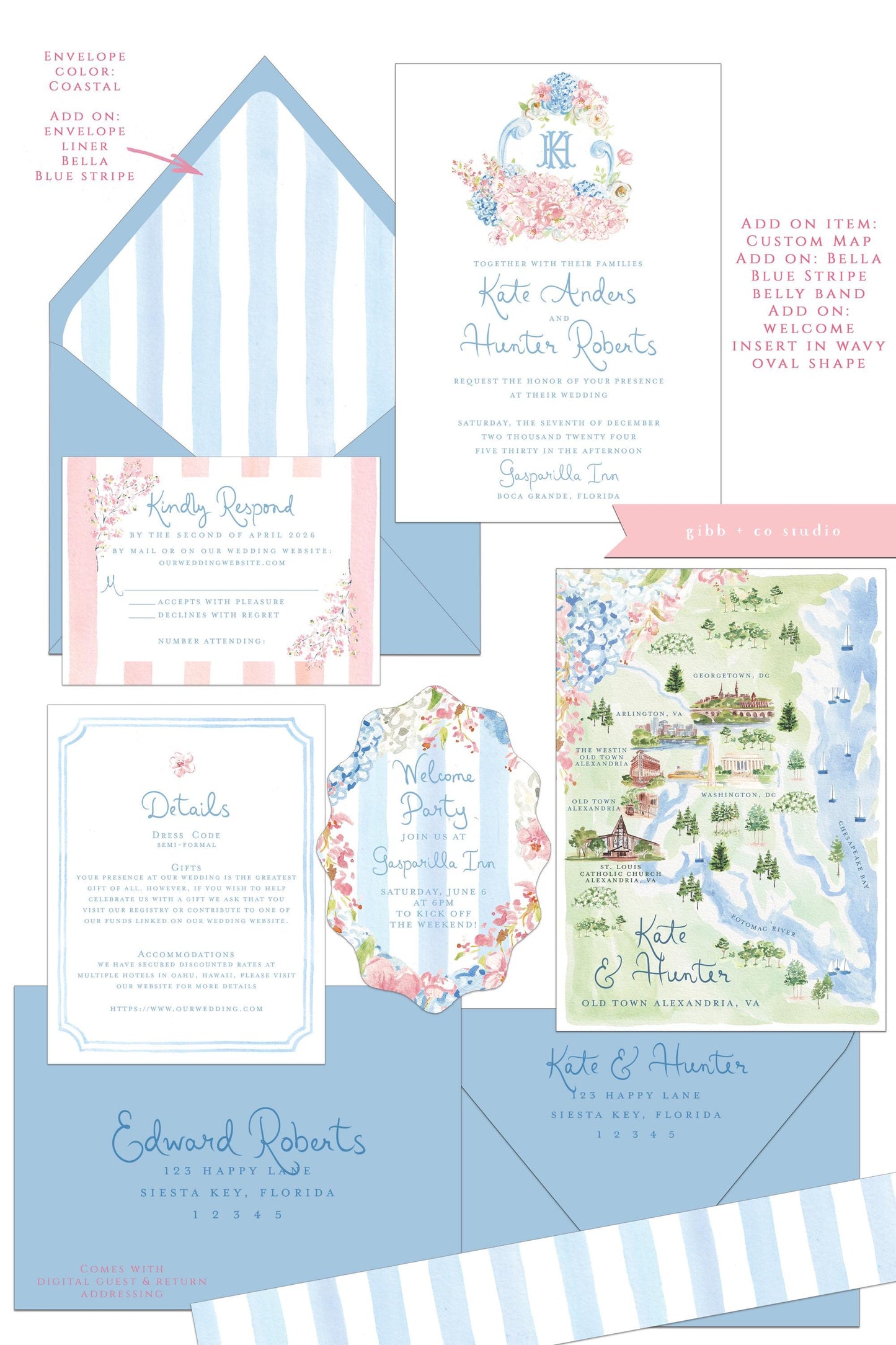 Bella Cherry Blossom wedding invitation, pink and blue, hydrangeas, semi custom, floral wedding, destination wedding, watercolor invites, deposit only