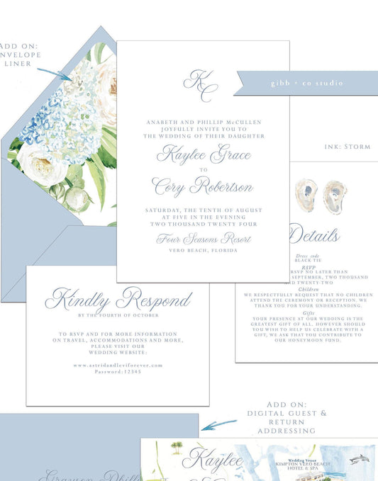 Coastal wedding invitations, blue hydrangeas, Semi Custom printed wedding invites, floral watercolor, wedding invites, rsvp, details