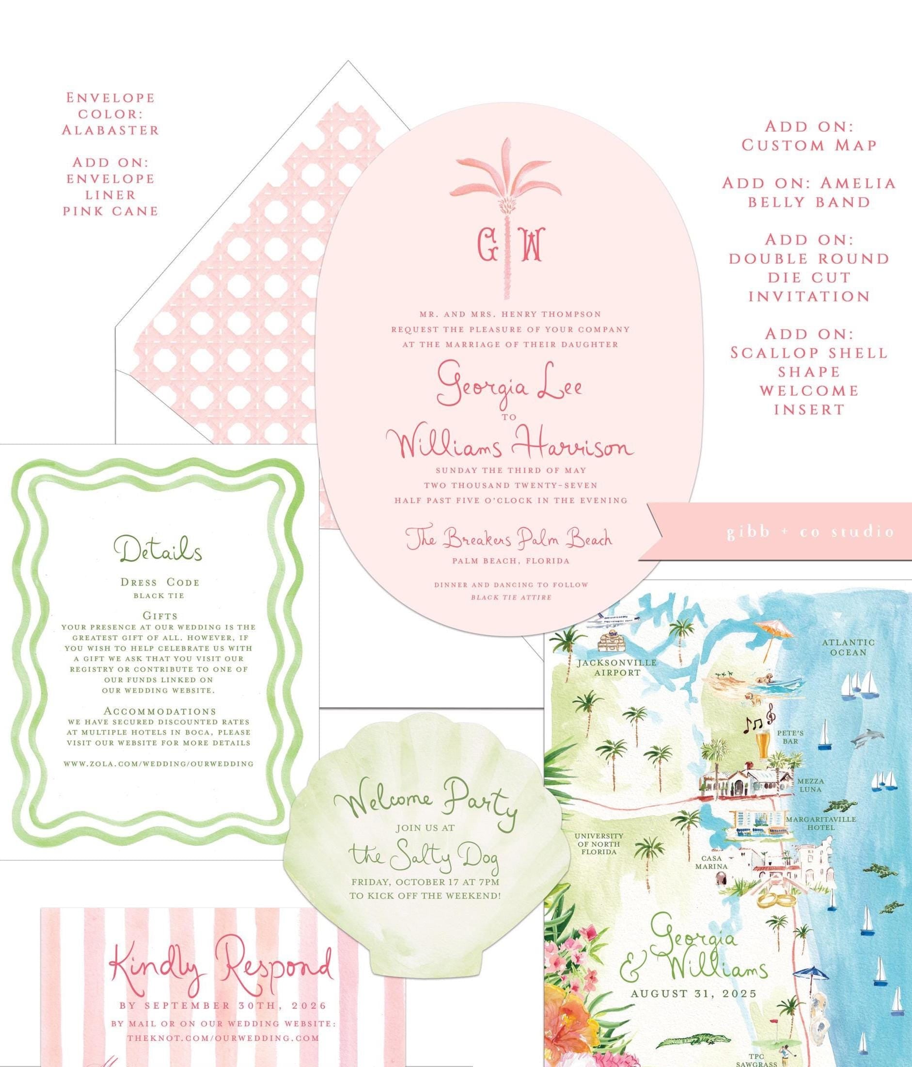 Closeup of Amelia beach wedding set with white envelopes and custom options like custom map and green cane envelope liner and belly band