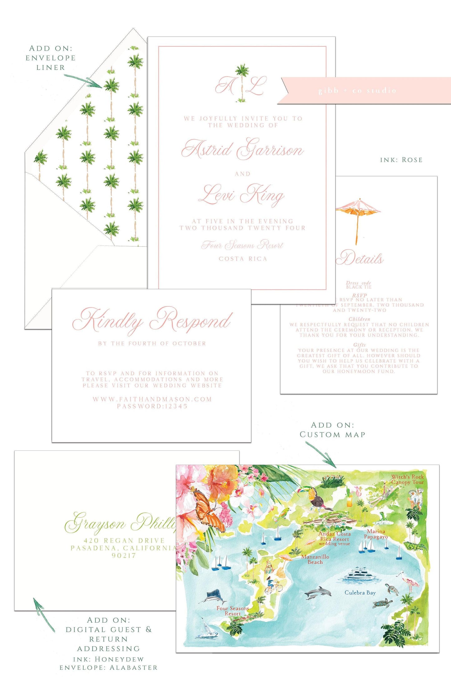Hand-Painted Tropical Wedding Invitation Set, Semi Custom Invitations deposit, Kylie