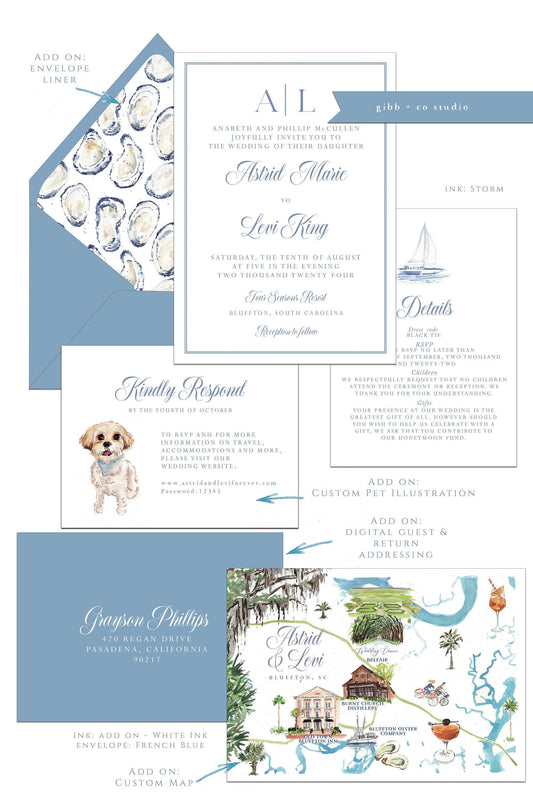 Astrid Coastal wedding invitations, Semi Custom printed, beach, painted watercolor, wedding invites, rsvp, details deposit