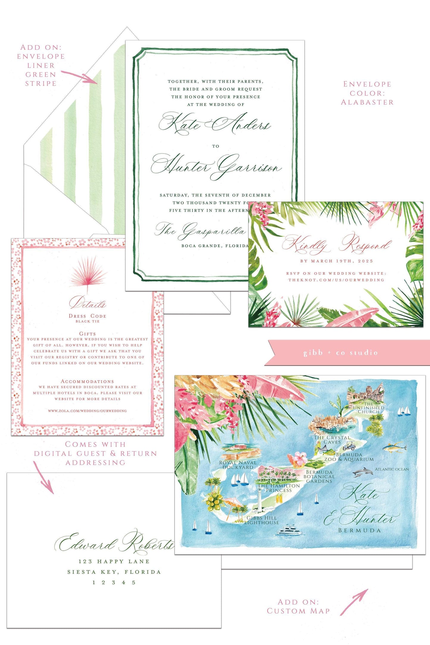 Tropical wedding invitations, beach wedding, Coastal wedding, Victoria Semi Custom wedding invites, rsvp, detail, watercolor palms, green