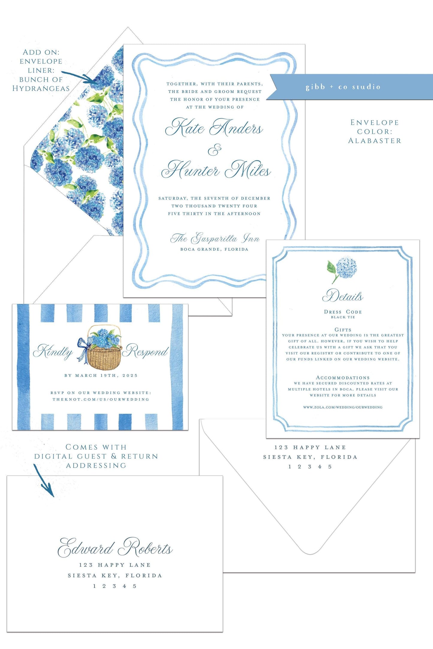 Anna Coastal wedding invitation, blue hydrangea, beach wedding, coastal wedding, watercolor wedding, Semi Custom, Nantucket, deposit only