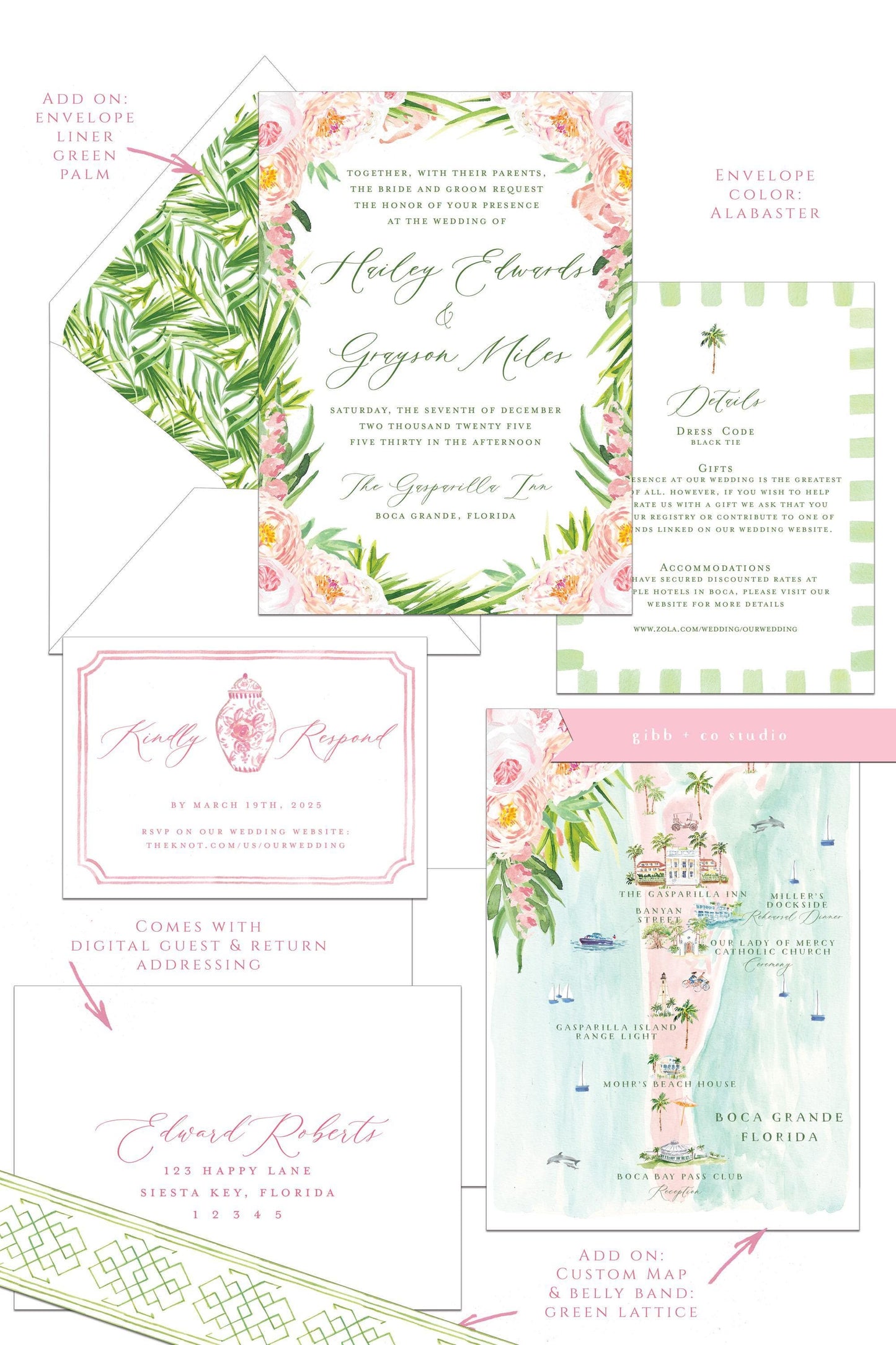 Watercolor Pink Floral Tropical Wedding Invitations, Beach Coastal, deposit, Katie