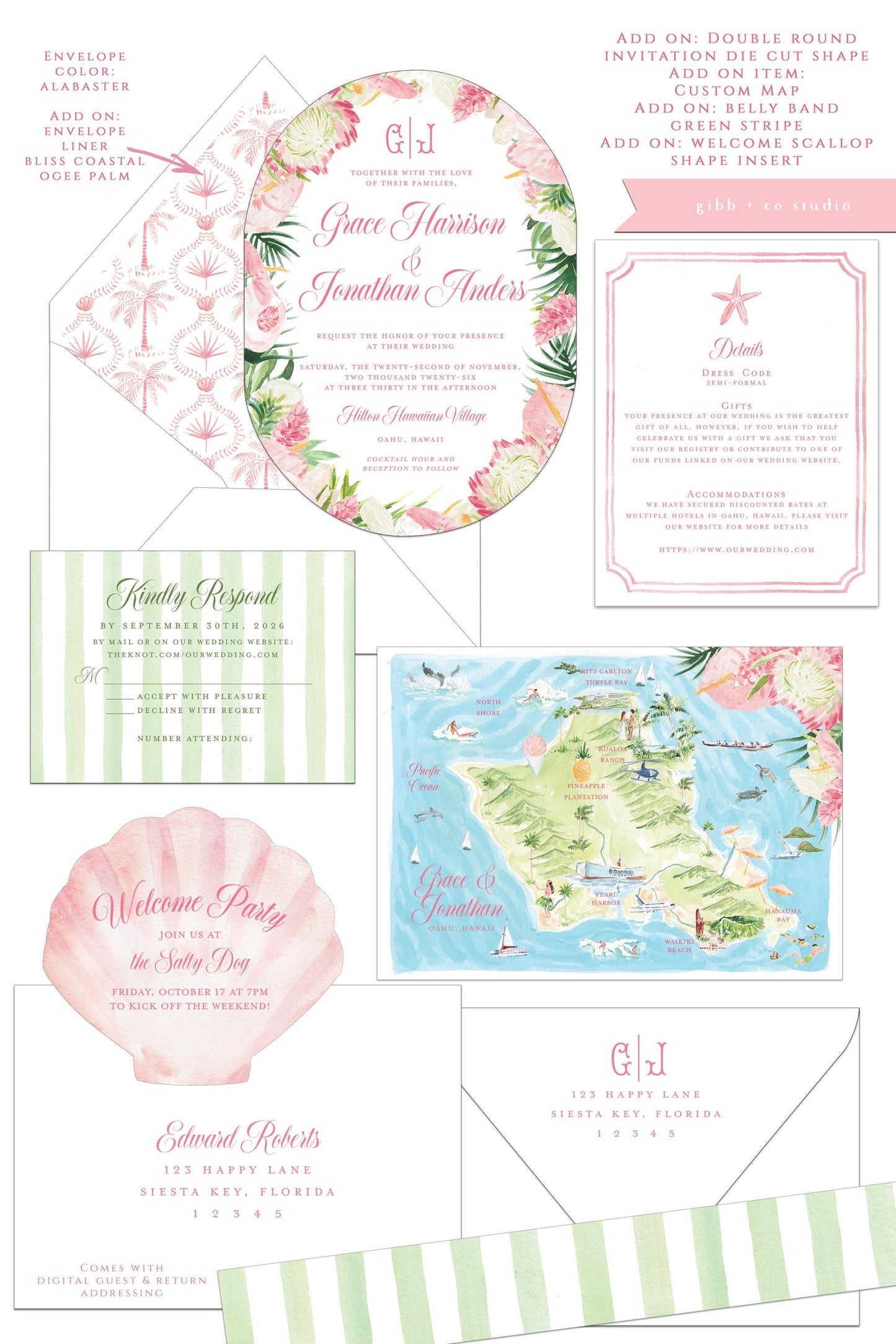 Lulu Tropical wedding invitation, pink protea, tropical flowers, beach wedding, destination wedding, watercolor invites, semi custom, deposit only