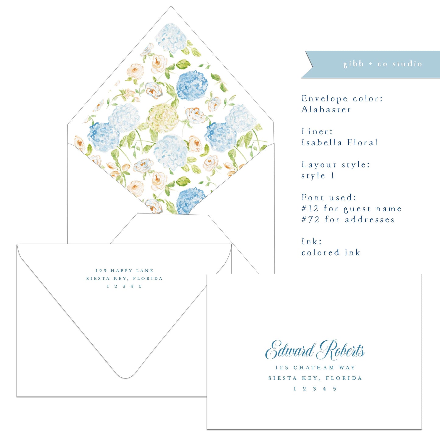 Euro flap envelope with liner, digital addressing, Isabella floral blue hydrangea liner, coastal wedding, A7 Lined envelopes, set of 20