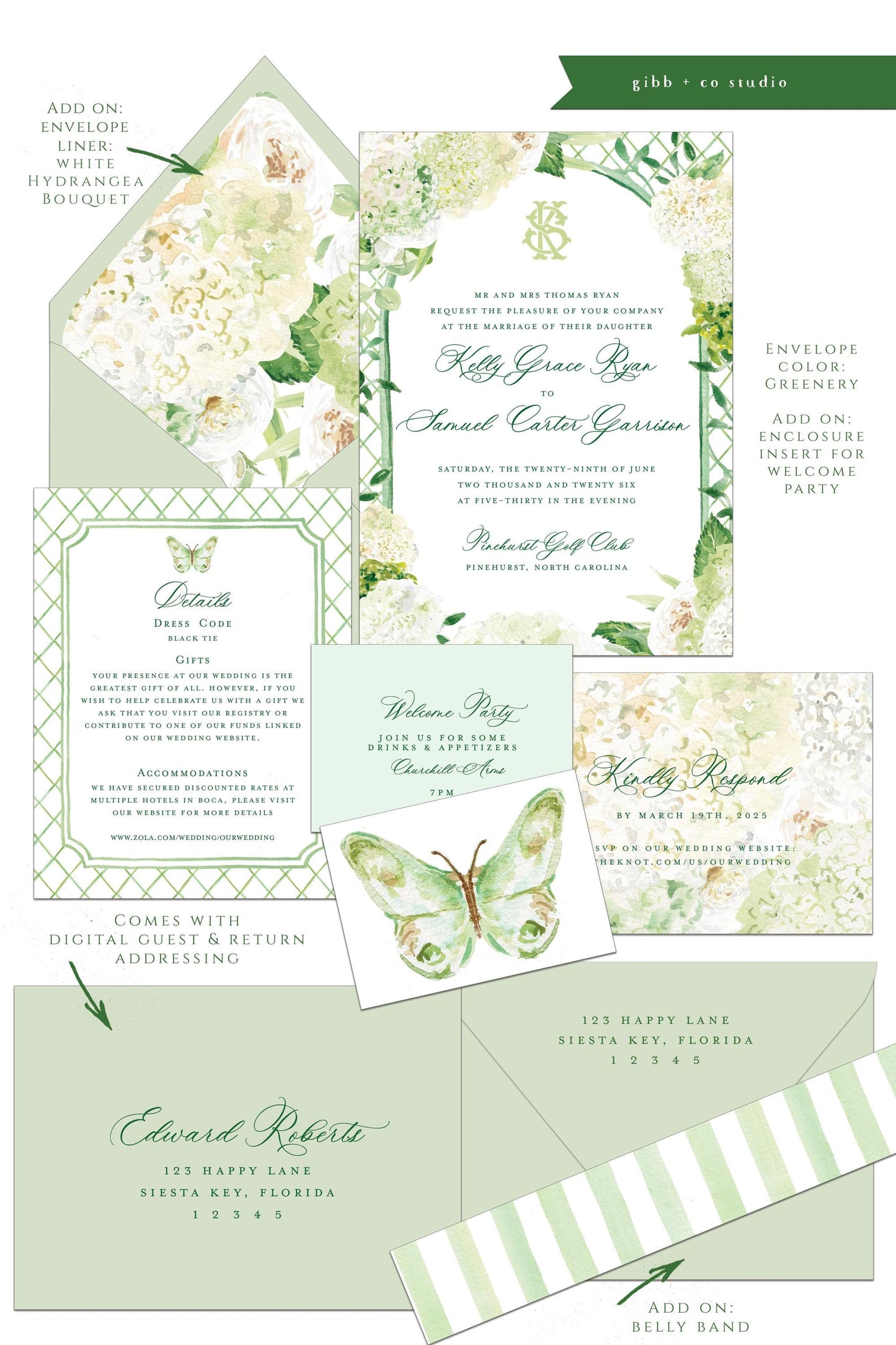 Evelyn Coastal wedding invitation, white hydrangea, beach wedding, coastal wedding, watercolor wedding, Semi Custom wedding set, garden