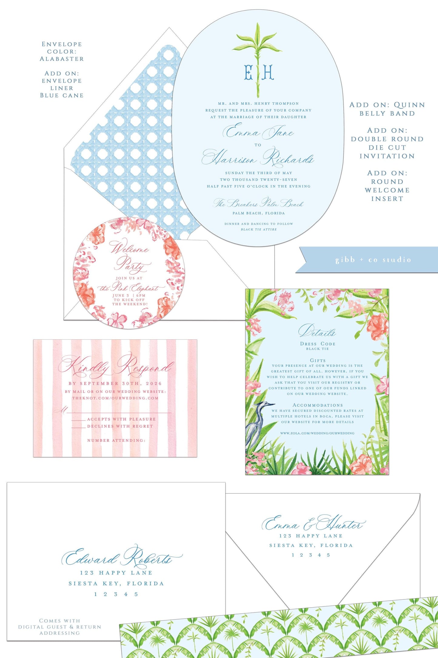 Quinn wedding set with white envelopes and custom options like blue cane envelope liner and belly band