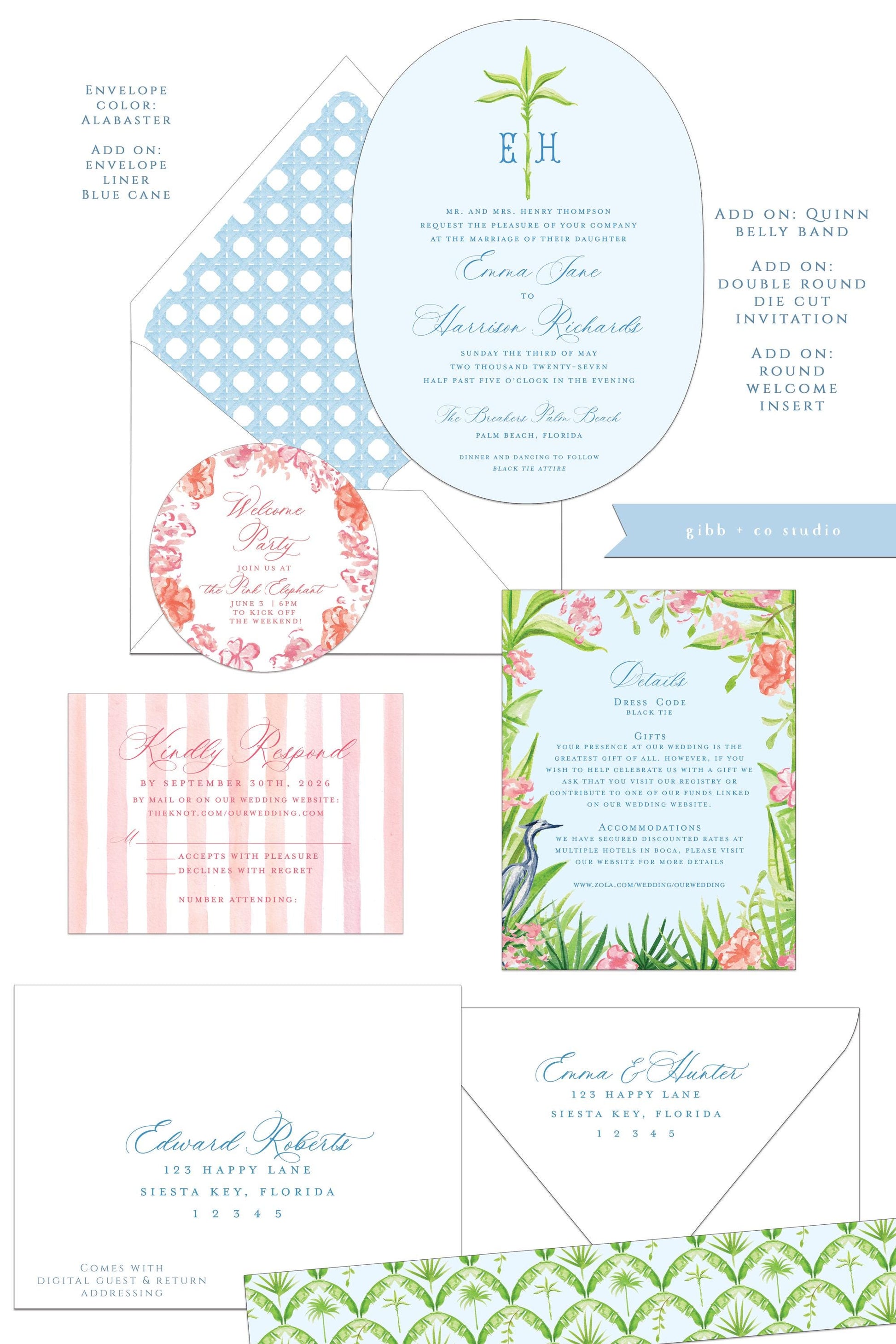 Quinn wedding set with white envelopes and custom options like blue cane envelope liner and belly band