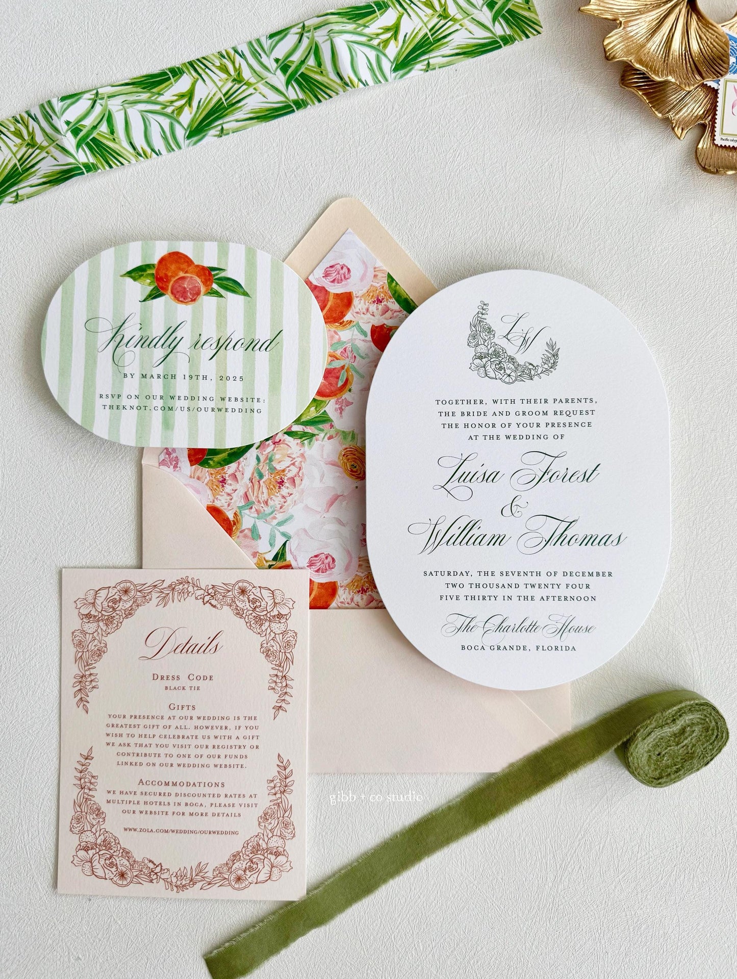 Watercolor Citrus Floral Wedding Invitation Set, semi custom, deposit