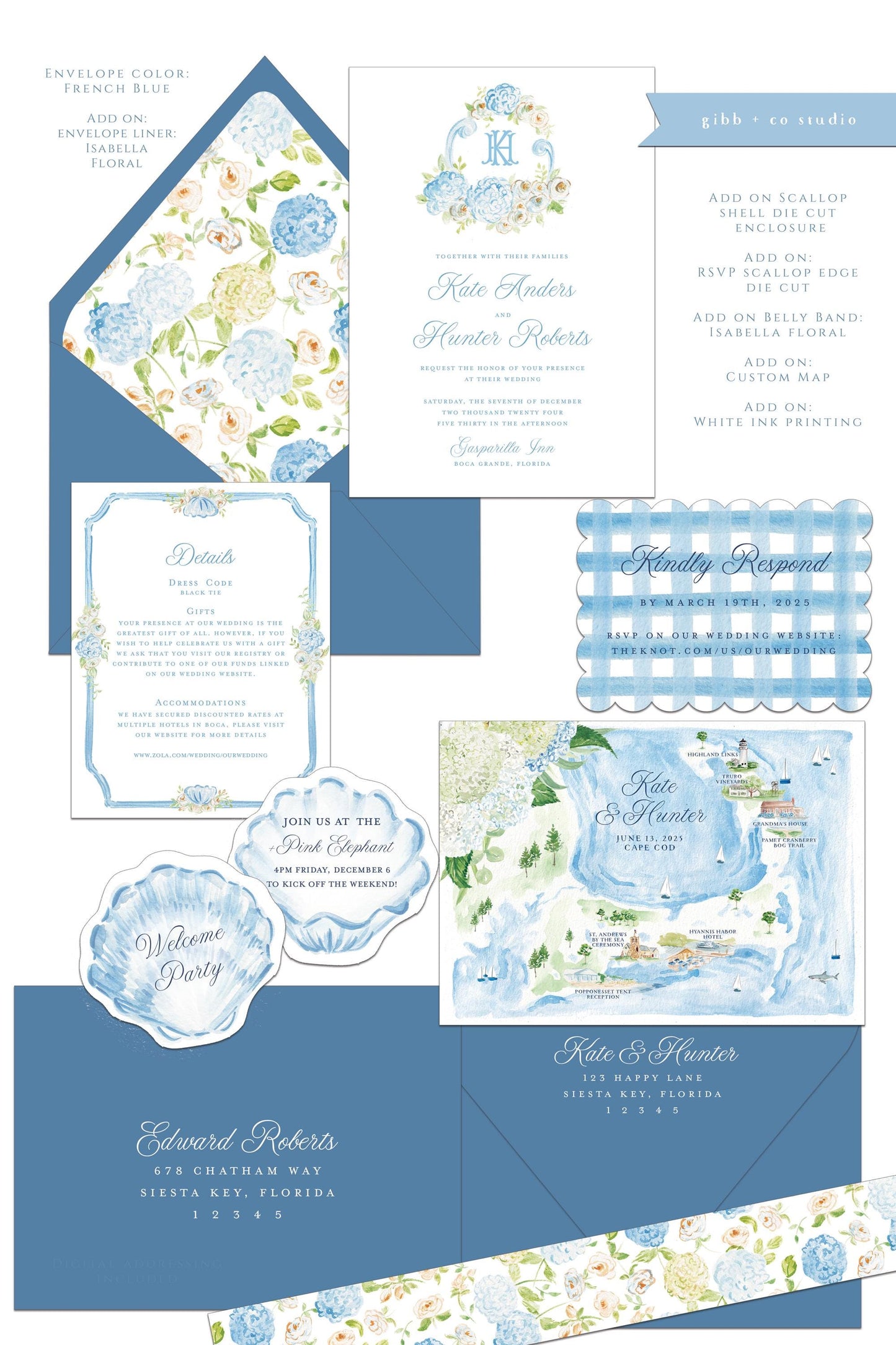 Catherine Coastal wedding invitation, blue hydrangea, beach wedding, coastal wedding, watercolor Semi Custom wedding set, deposit only