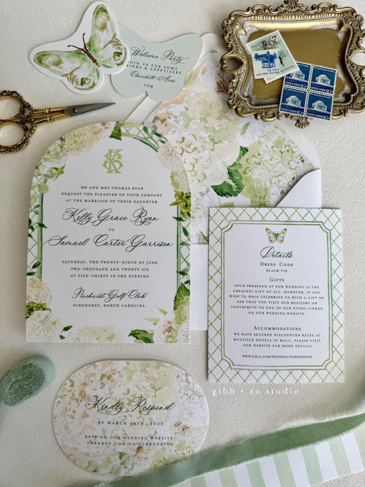 Evelyn Coastal wedding invitation, white hydrangea, beach wedding, coastal wedding, watercolor wedding, Semi Custom wedding set, garden