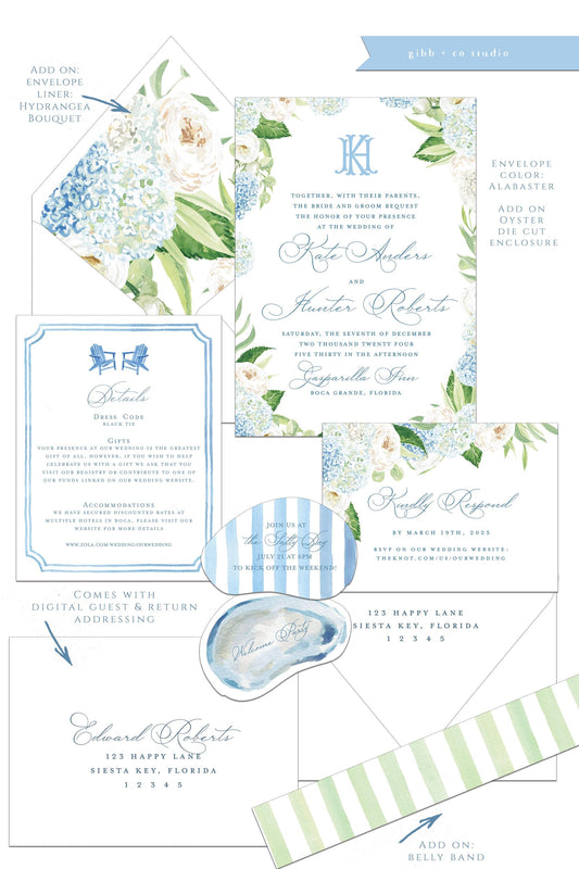 Elise Coastal wedding invitation, blue hydrangea, beach wedding, coastal wedding, watercolor wedding, Semi Custom wedding set, Nantucket