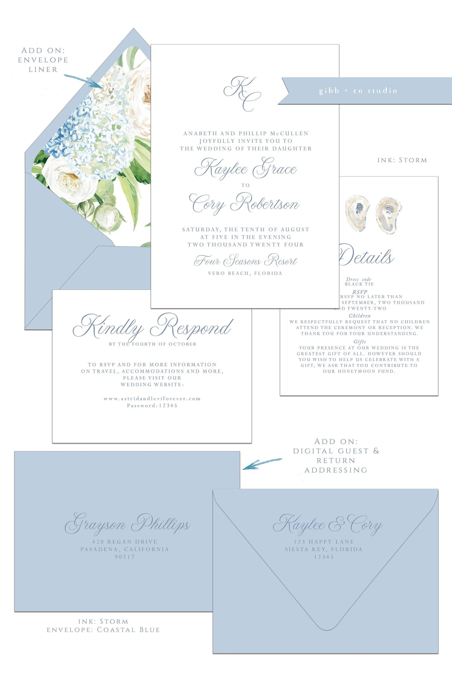 Coastal wedding invitations, blue hydrangeas, Semi Custom printed wedding invites, floral watercolor, wedding invites, rsvp, details