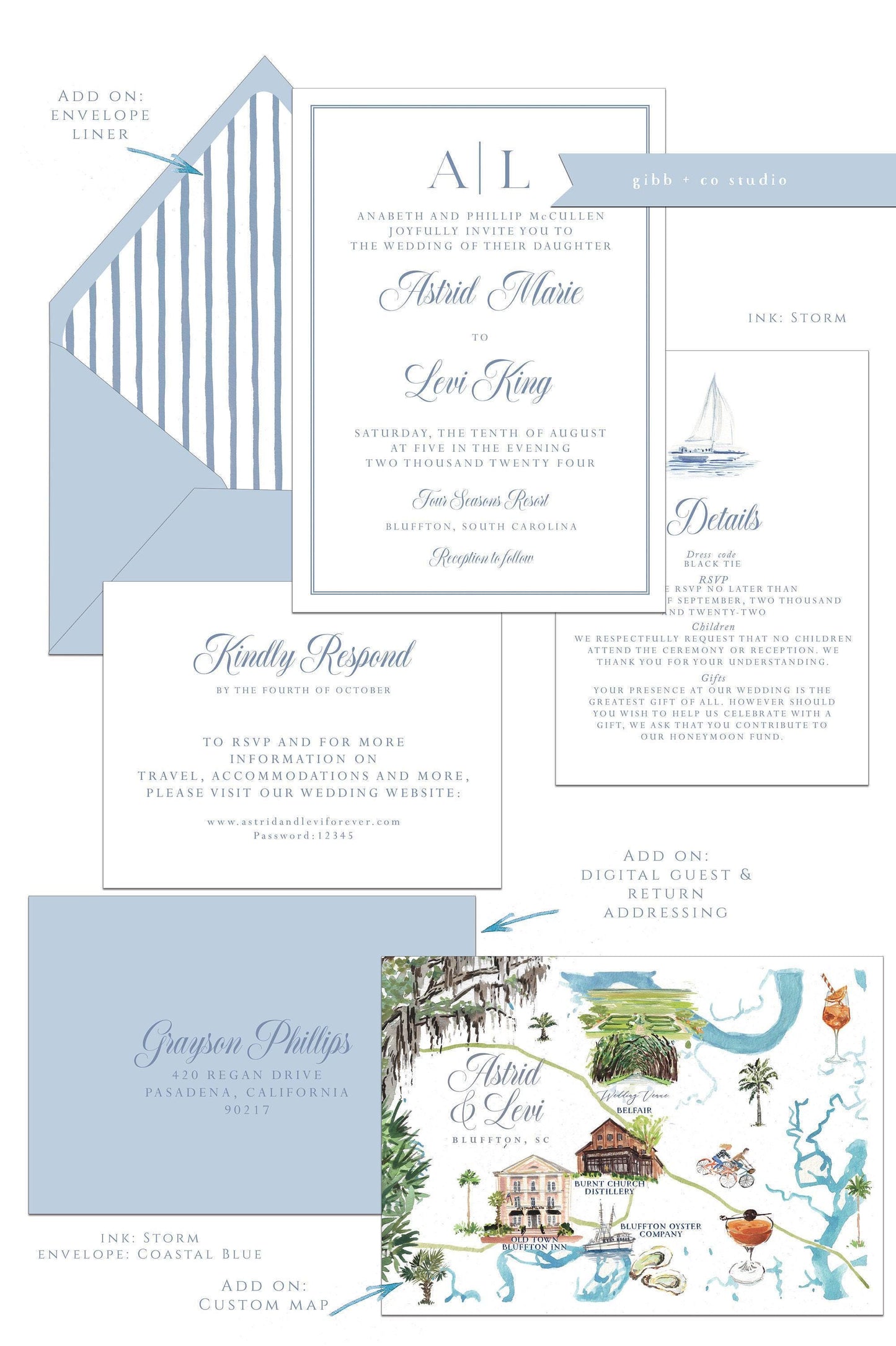 Astrid Coastal wedding invitations, Semi Custom printed, beach, painted watercolor, wedding invites, rsvp, details deposit
