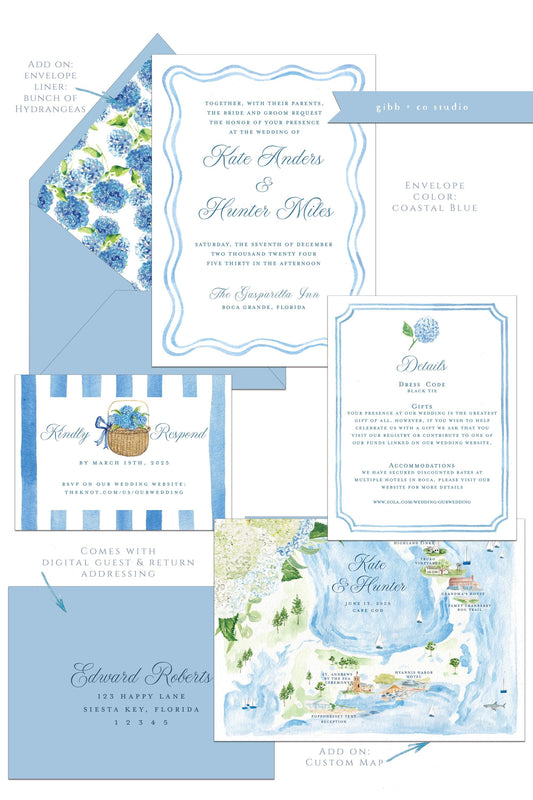 Anna Coastal wedding invitation, blue hydrangea, beach wedding, coastal wedding, watercolor wedding, Semi Custom wedding set, Nantucket