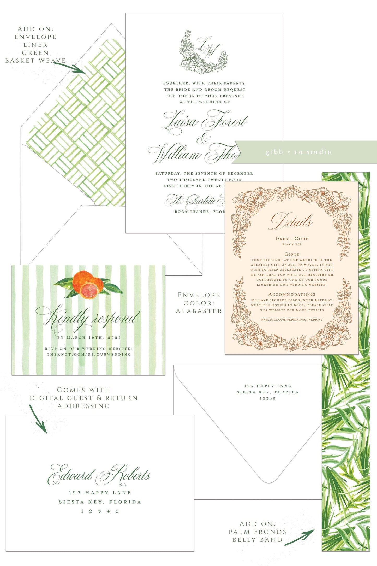 Watercolor Citrus Floral Wedding Invitation Set, semi custom, deposit