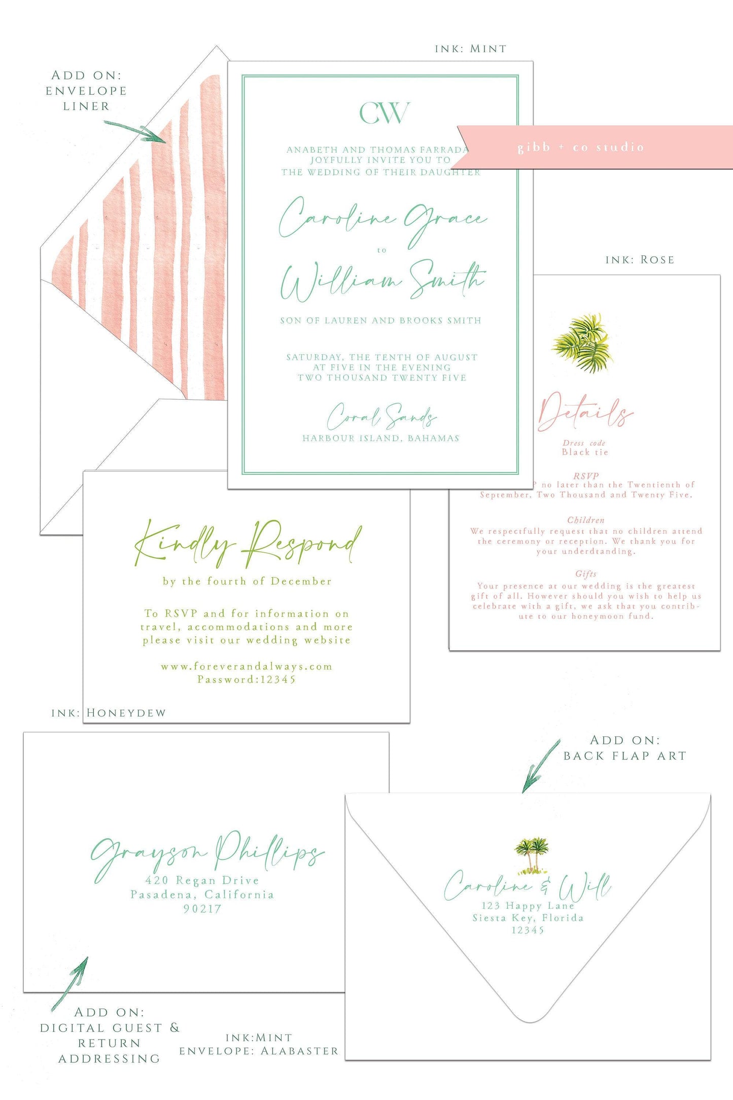 Tropical wedding invitations, Lucy Semi Custom printed invitations, pink, painted wedding set, wedding invites, rsvp, details, deposit