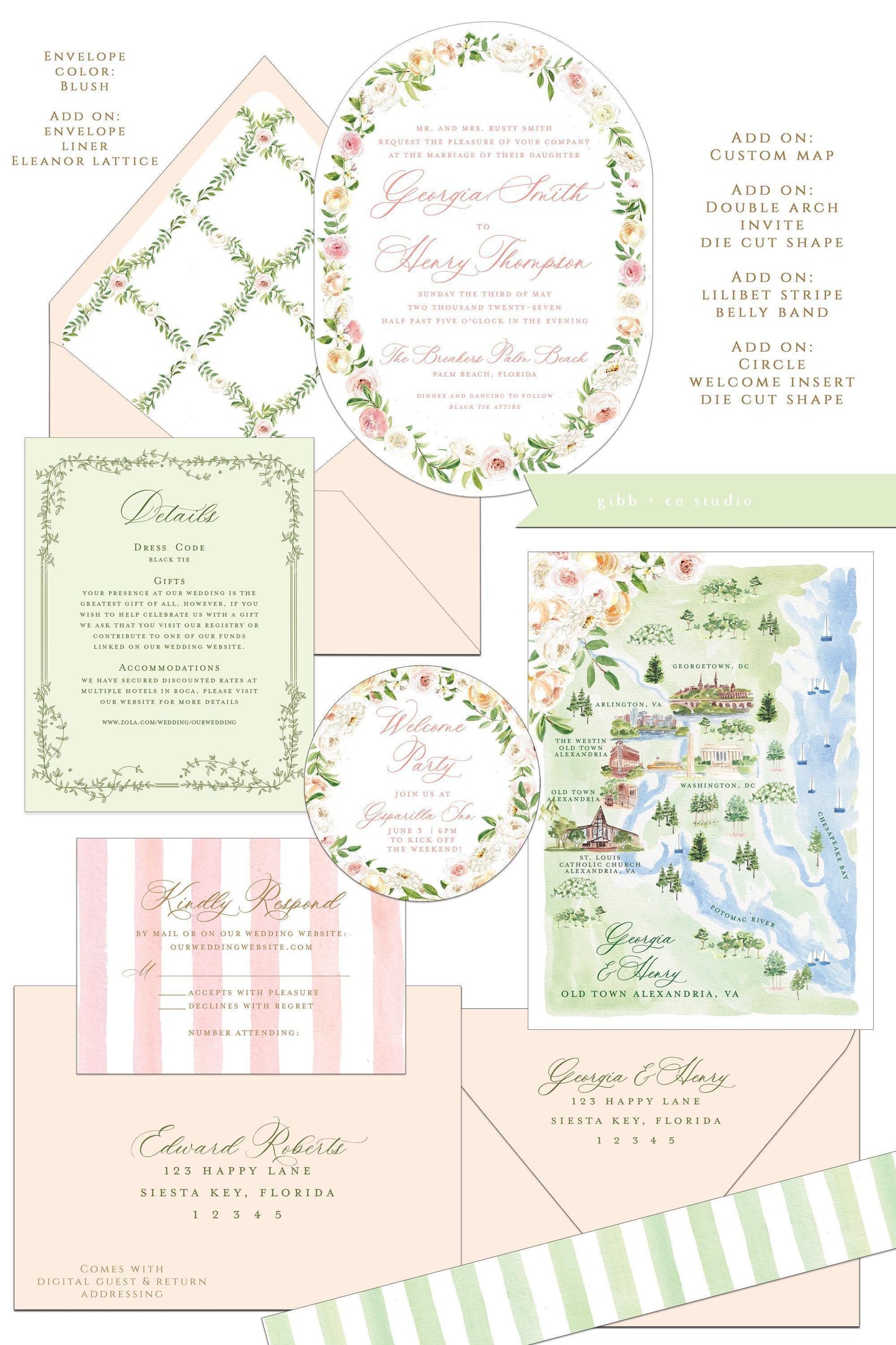 Eleanor semi custom collection wedding set with add on options such as custom map, belly band, welcome insert, liner and die cut shaped invitation shown with blush envelope.
