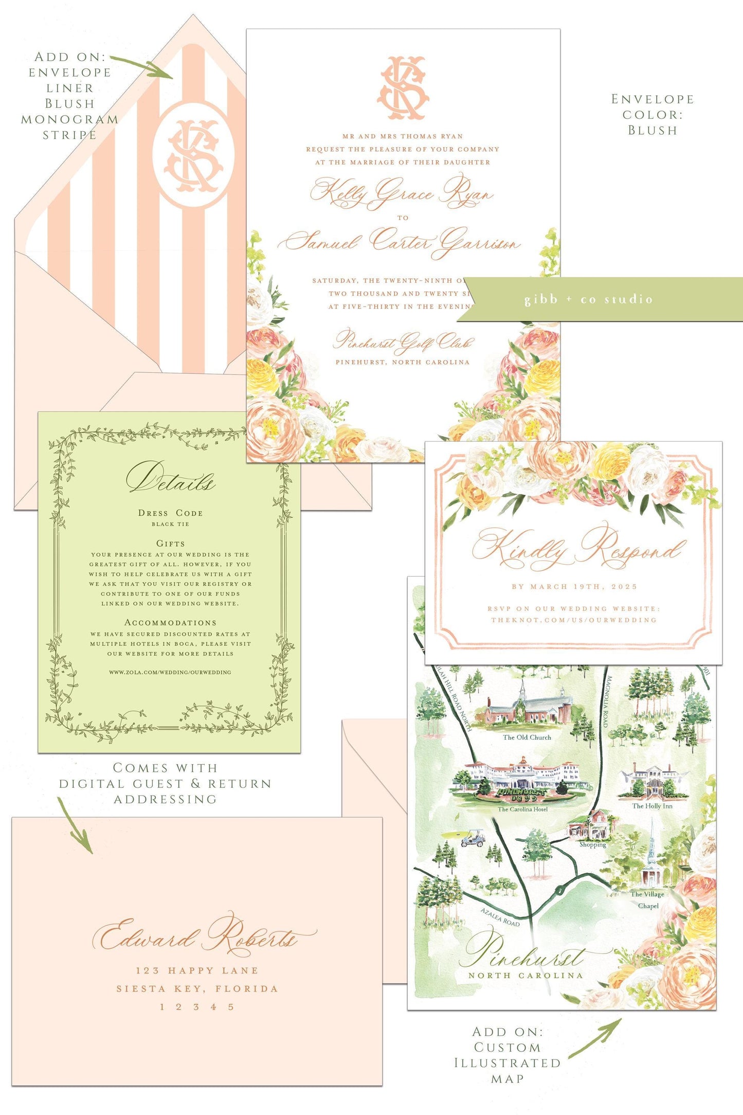 Floral wedding invitations, garden wedding, Julie Semi Custom wedding invites, rsvp, detail, peony, roses, watercolor floral invitation
