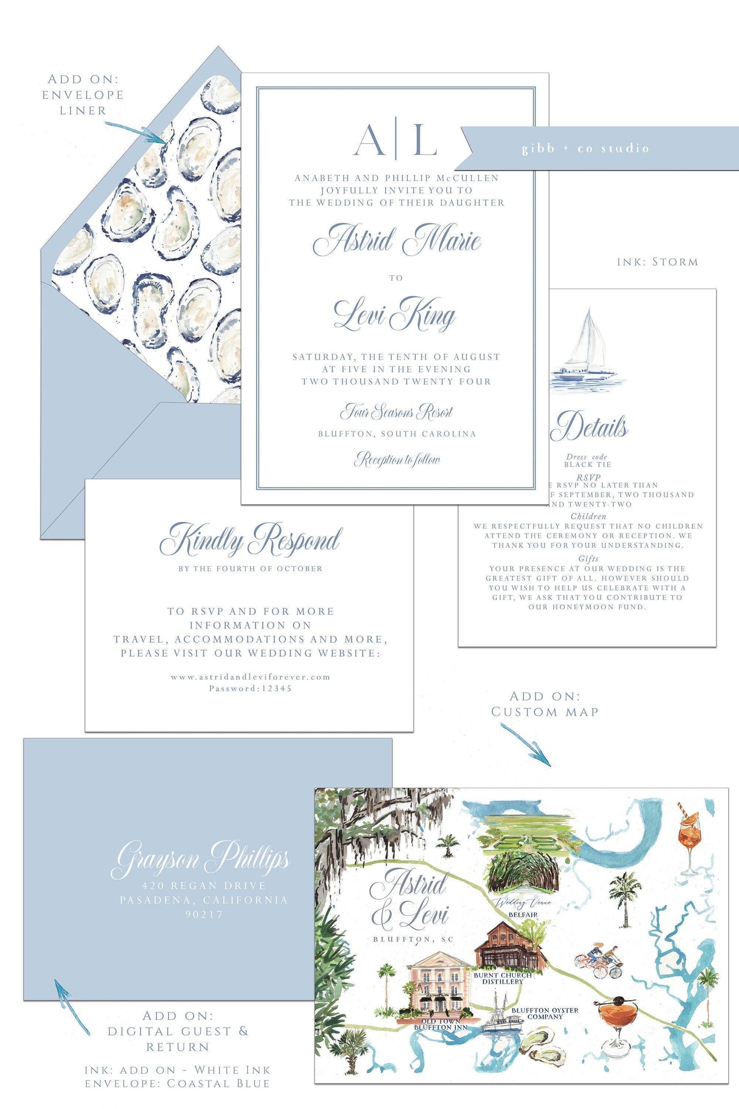 Astrid Coastal wedding invitations, Semi Custom printed, beach, painted watercolor, wedding invites, rsvp, details deposit