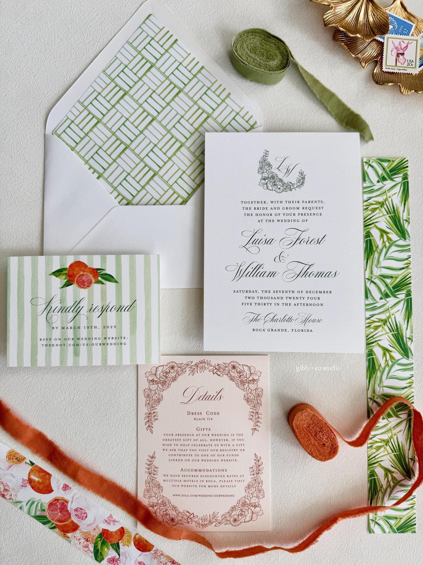 Watercolor Citrus Floral Wedding Invitation Set, semi custom, deposit