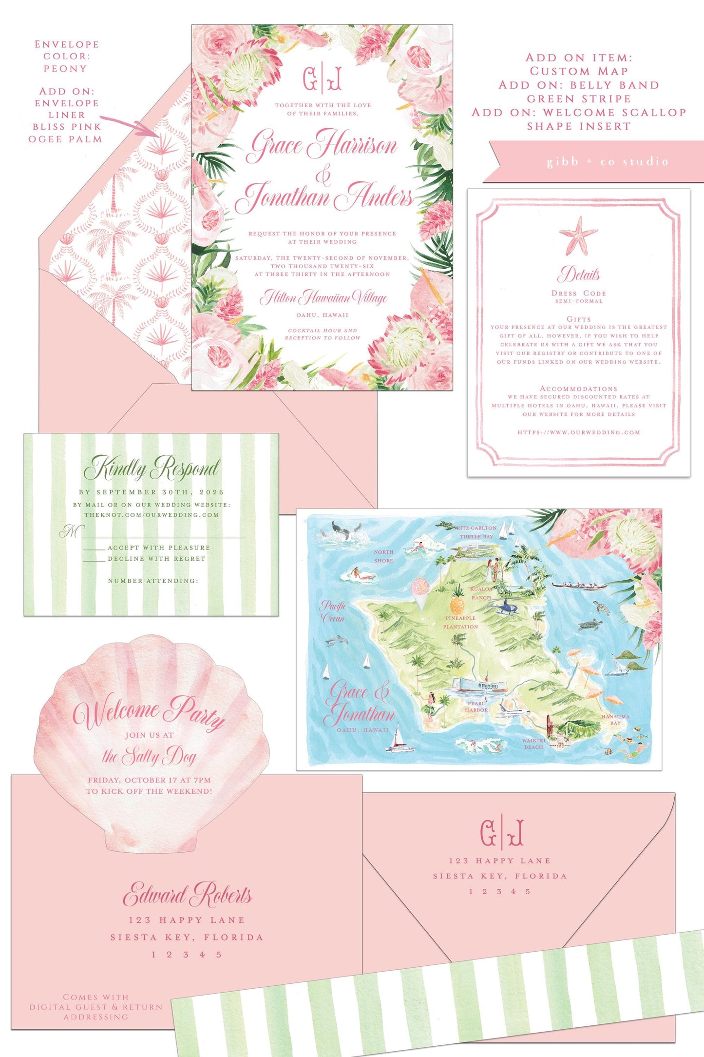 Lulu Tropical wedding invitation, pink protea, tropical flowers, beach wedding, destination wedding, watercolor invites, semi custom, deposit only