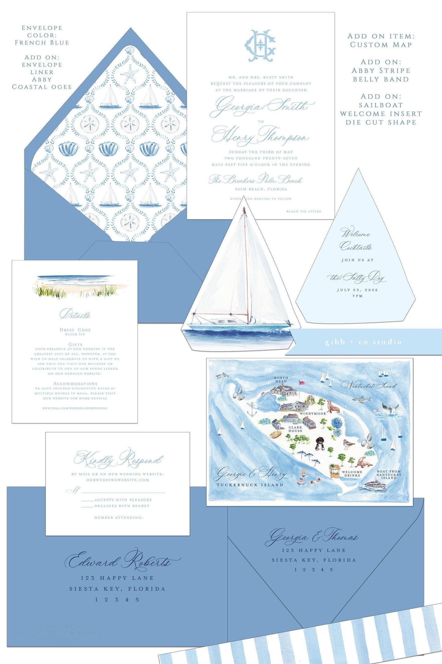 Abby coastal semi custom wedding set with custom map and custom sailboat die cut insert and other custom elements.