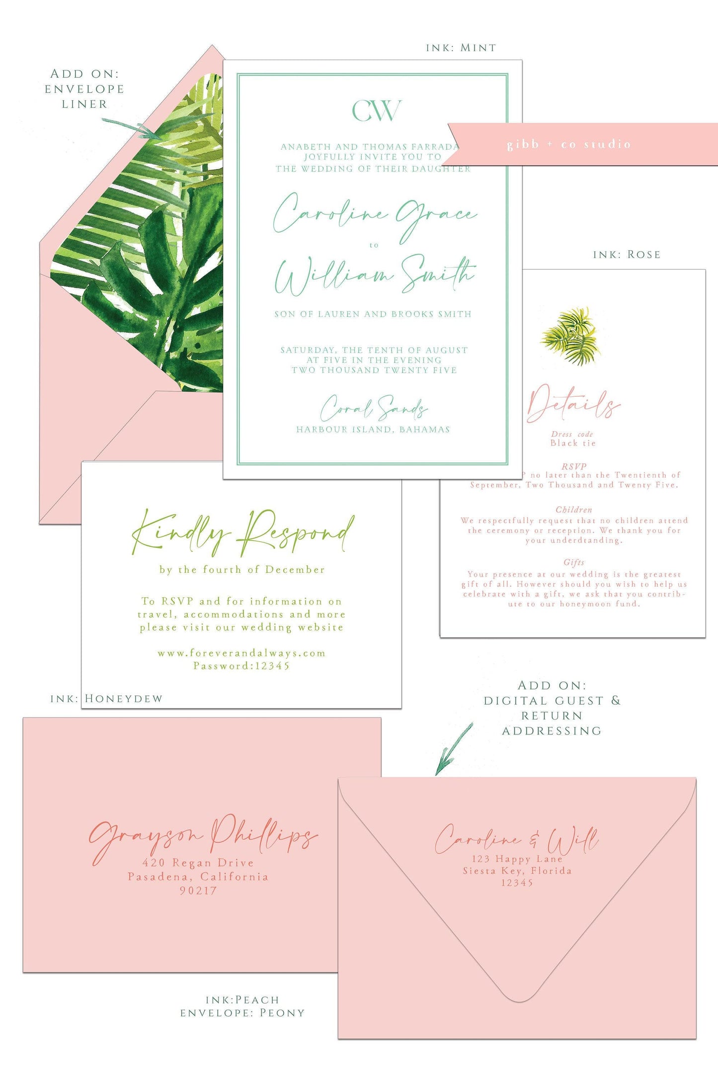 Tropical wedding invitations, Lucy Semi Custom printed invitations, pink, painted wedding set, wedding invites, rsvp, details, deposit