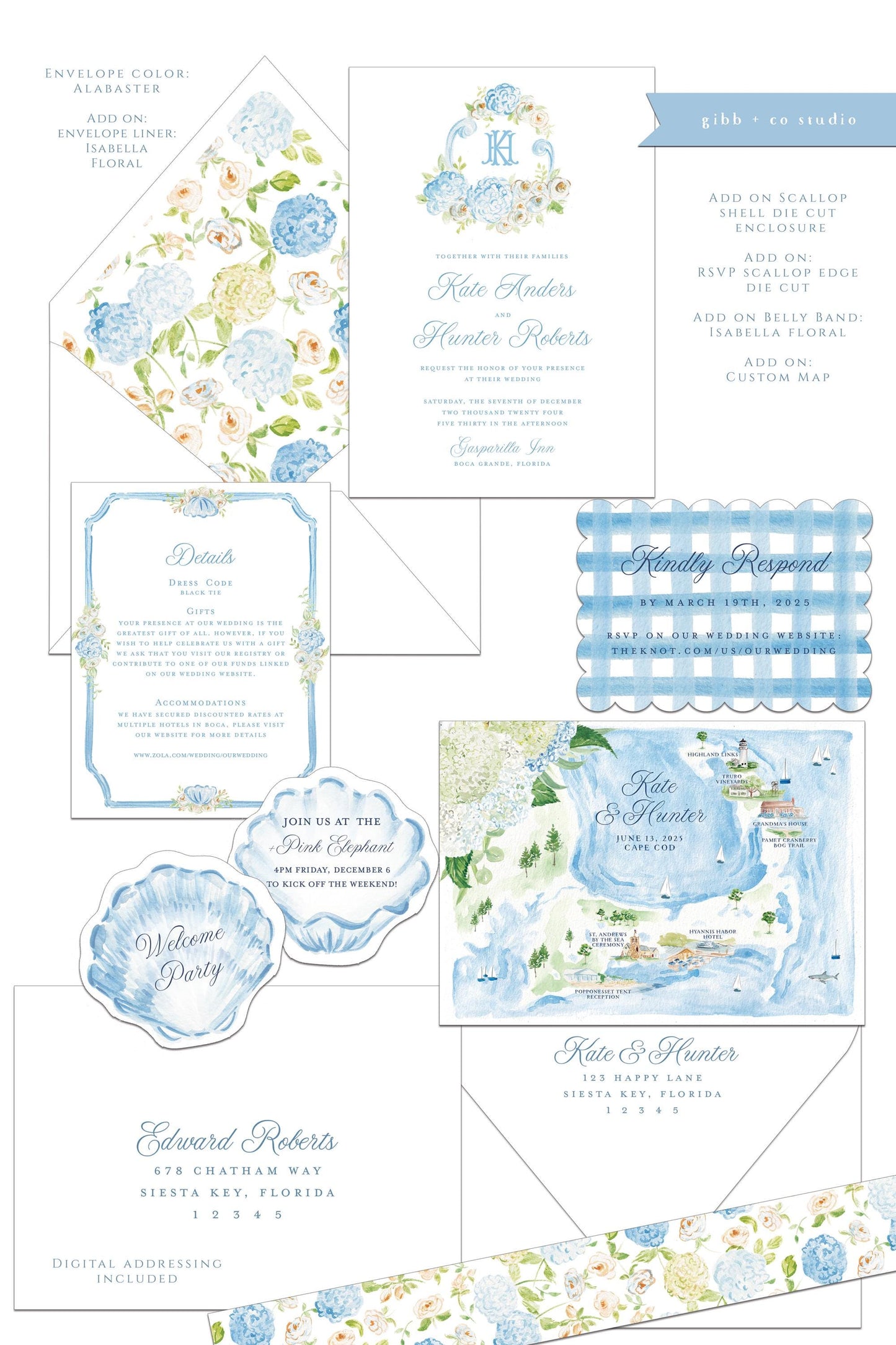 Catherine Coastal wedding invitation, blue hydrangea, beach wedding, coastal wedding, watercolor Semi Custom wedding set, deposit only