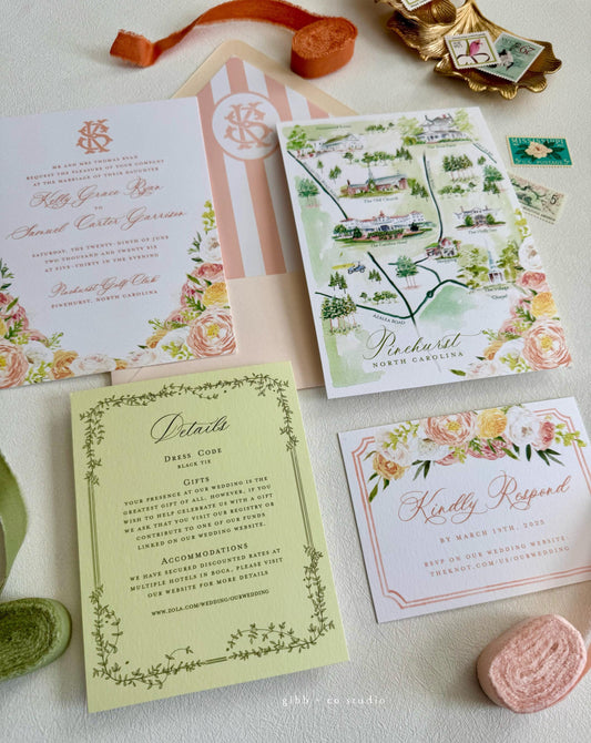 Floral wedding invitations, garden wedding, Julie Semi Custom wedding invites, rsvp, detail, peony, roses, watercolor floral invitation