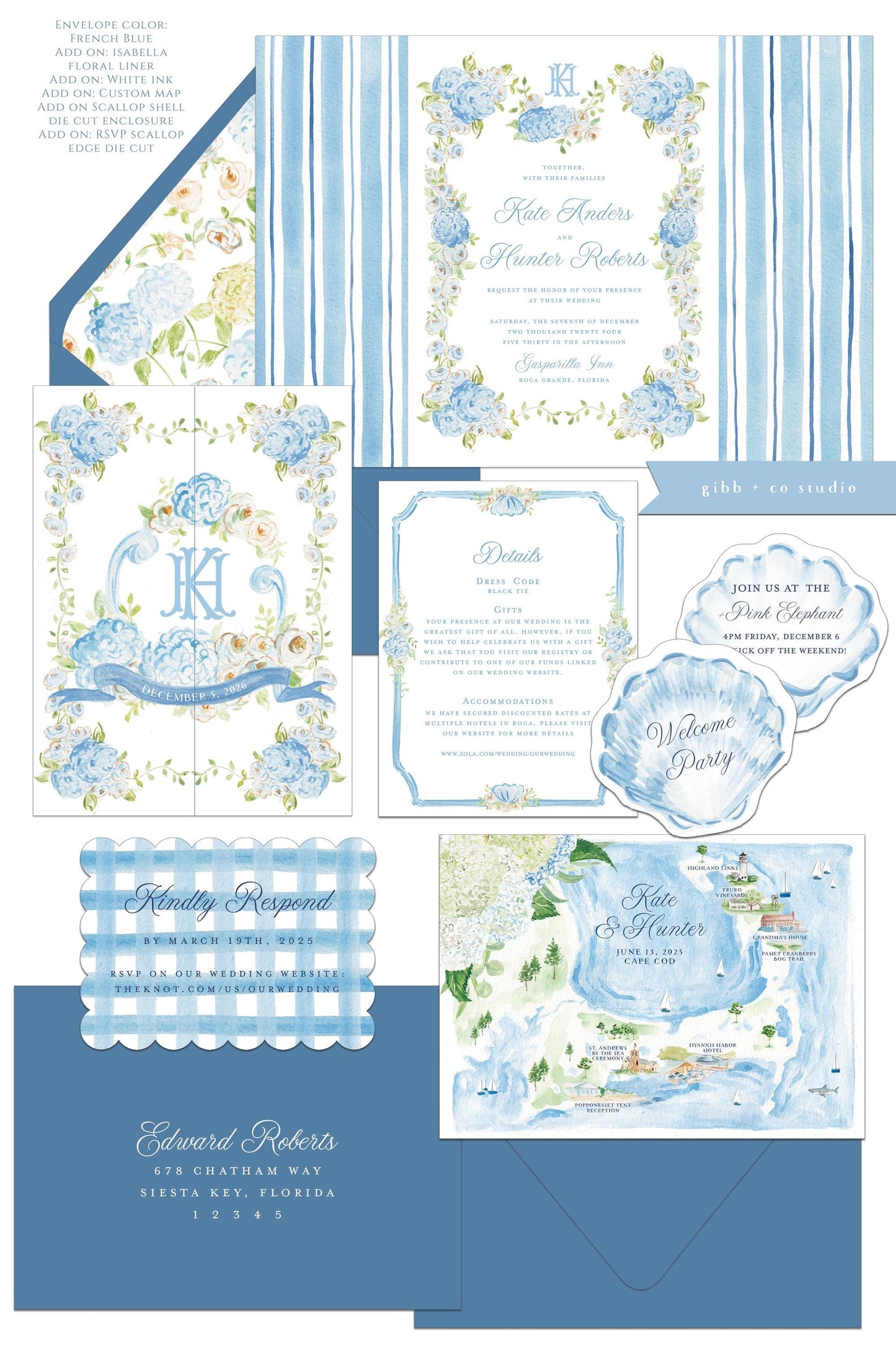 Georgina Coastal wedding invitation, blue hydrangea, beach wedding, coastal wedding, watercolor Semi Custom wedding set, deposit only