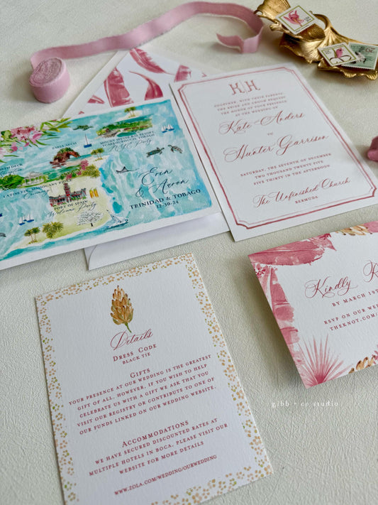 Tropical wedding invitations, beach wedding, Coastal wedding, Ainsley Semi Custom wedding invites, rsvp, detail, watercolor palms, pink