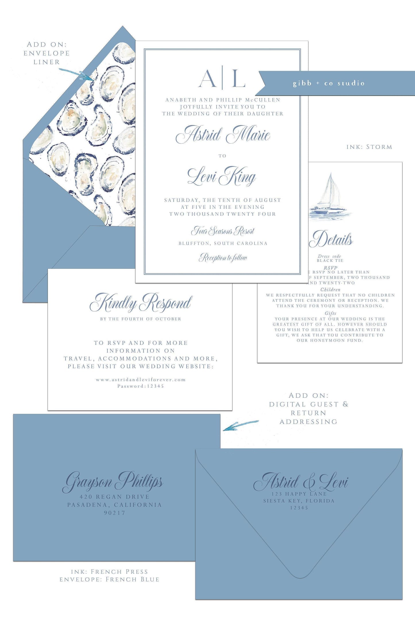 Astrid Coastal wedding invitations, Semi Custom printed, beach, painted watercolor, wedding invites, rsvp, details deposit