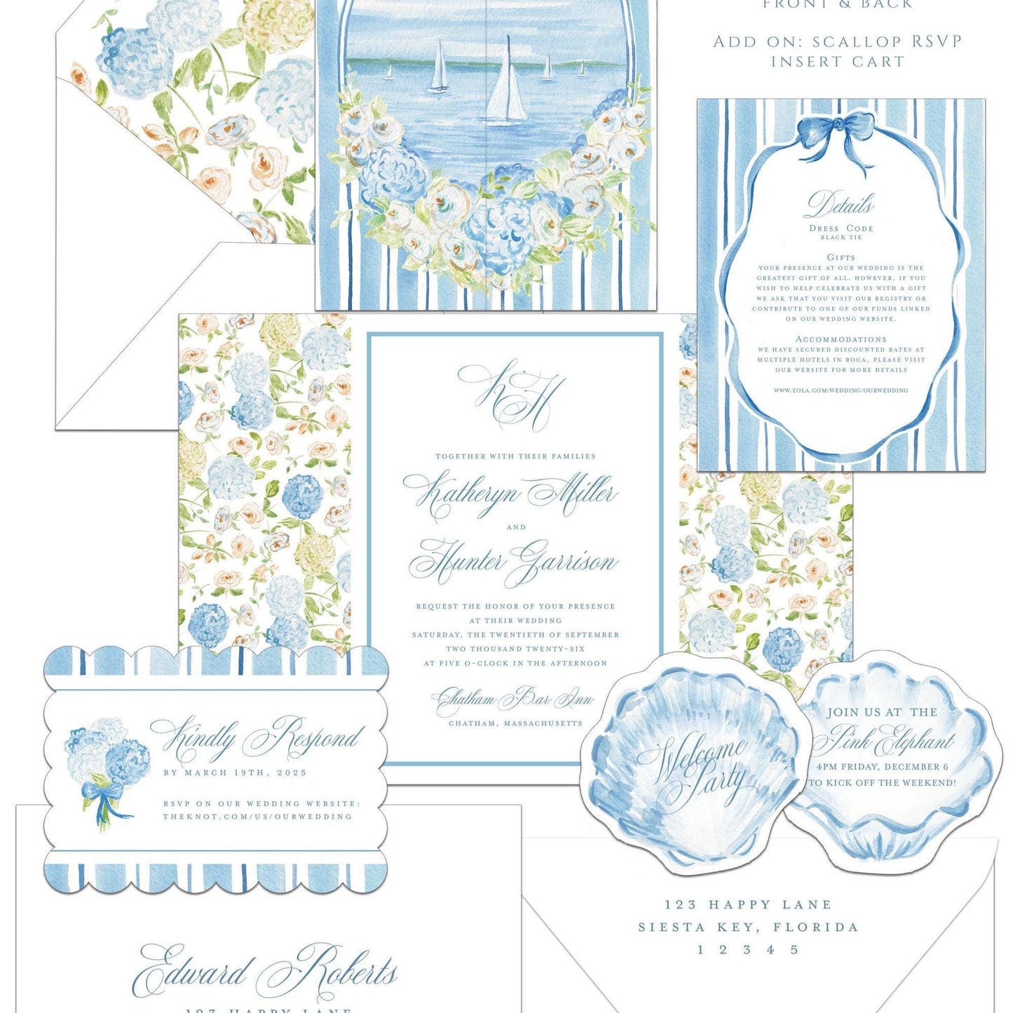 Isabella Coastal wedding invitation, blue hydrangea, beach wedding, coastal wedding, watercolor Semi Custom wedding set, deposit only