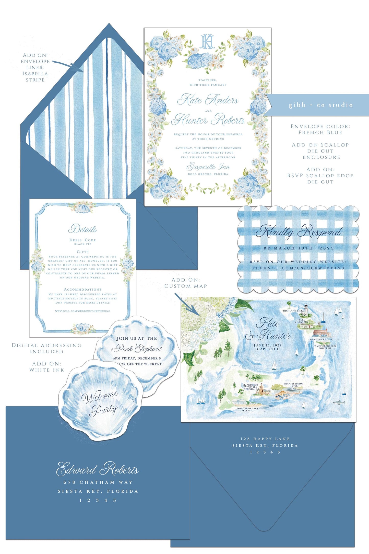 Georgina Coastal wedding invitation, blue hydrangea, beach wedding, coastal wedding, watercolor Semi Custom wedding set, deposit only