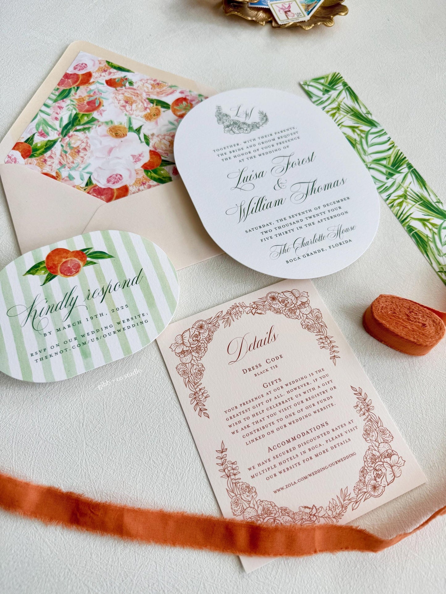 Watercolor Citrus Floral Wedding Invitation Set, semi custom, deposit