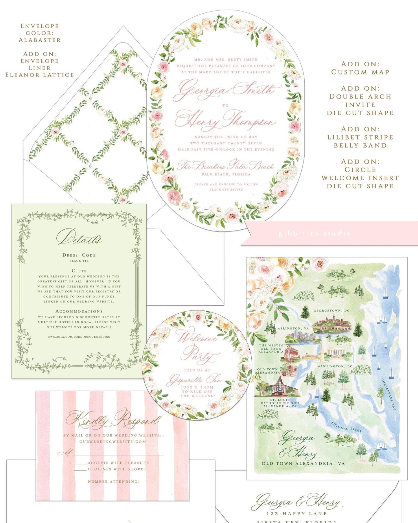 Closeup of Eleanor semi custom collection wedding set with add on options such as custom map, belly band, welcome insert, liner and die cut shaped invitation shown with blush envelope.