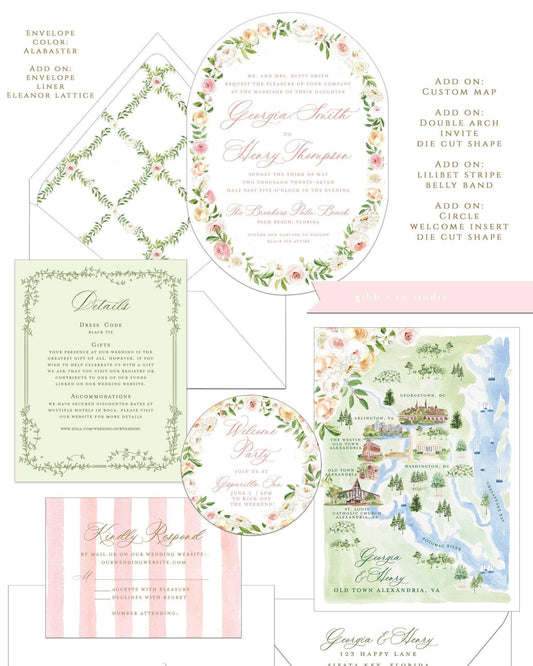 Closeup of Eleanor semi custom collection wedding set with add on options such as custom map, belly band, welcome insert, liner and die cut shaped invitation shown with blush envelope.