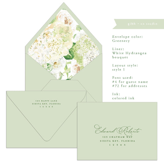 Euro flap envelope with liner, digital addressing, White hydrangeas bouquet liner, coastal wedding, addressed, A7 Lined envelopes, set of 20