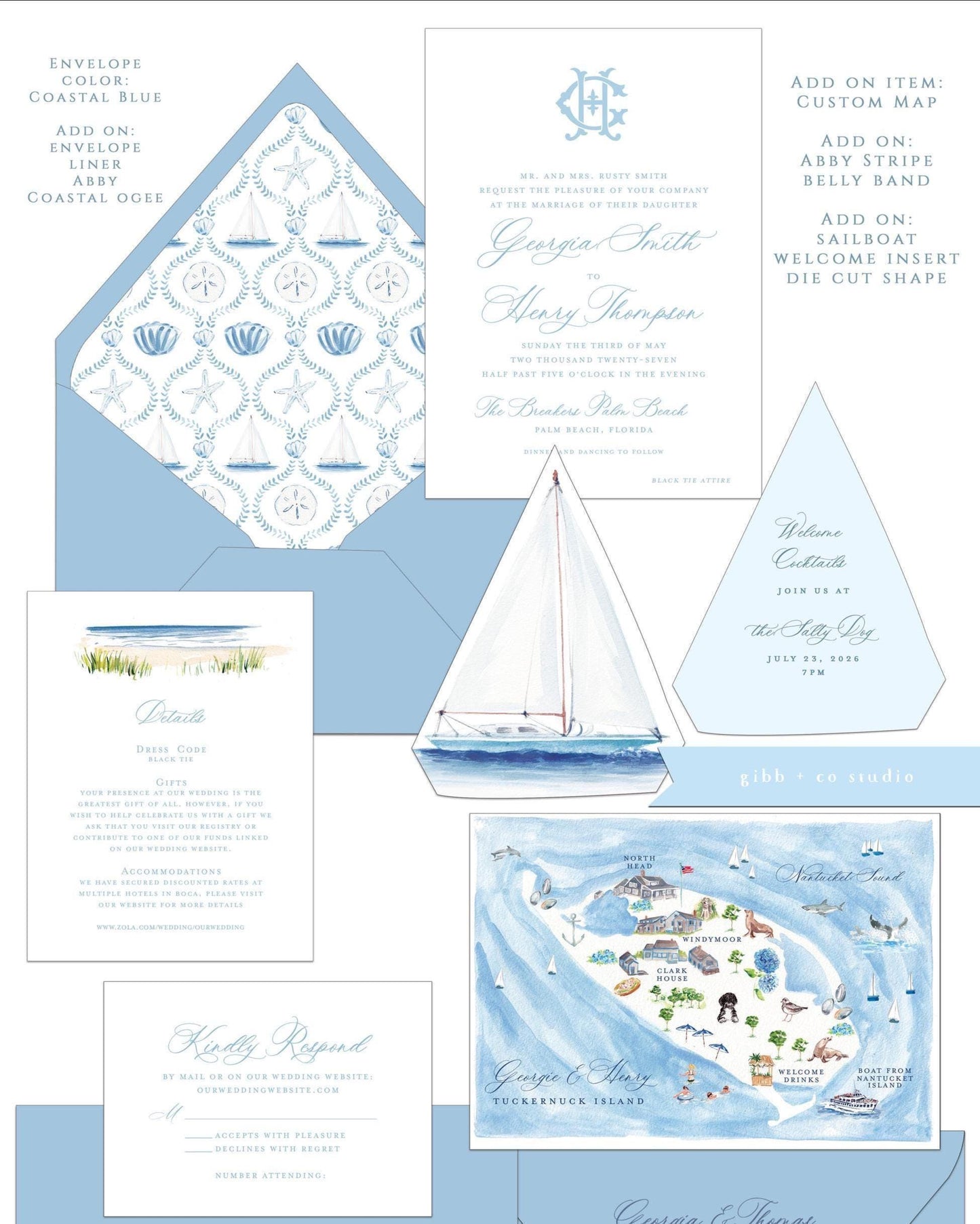 Abby coastal semi custom wedding wet with coastal blue envelopes and custom add on elements