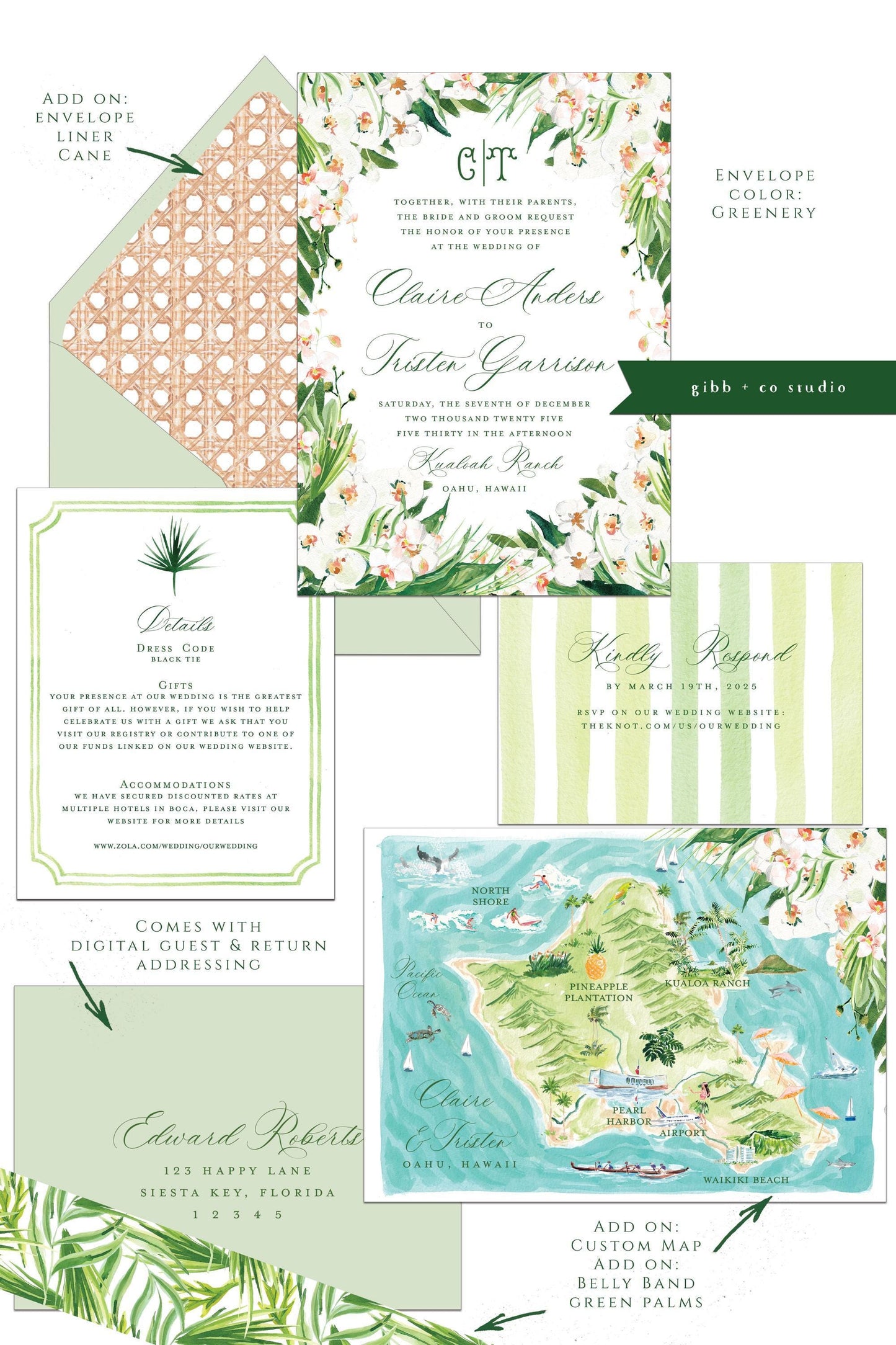 Tropical wedding invitations, beach wedding, Coastal wedding, White Orchid Tori Semi Custom wedding invites, rsvp, detail, deposit