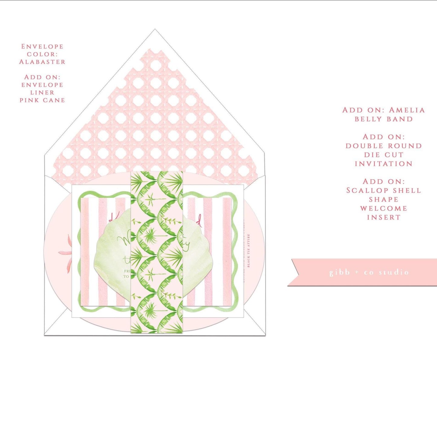 Closeup of Quinn wedding set stack with white envelope and various additional options such as pink cane envelope liner, welcome insert enclosure and belly band