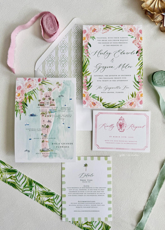 Watercolor Pink Floral Tropical Wedding Invitations, Beach Coastal, deposit, Katie