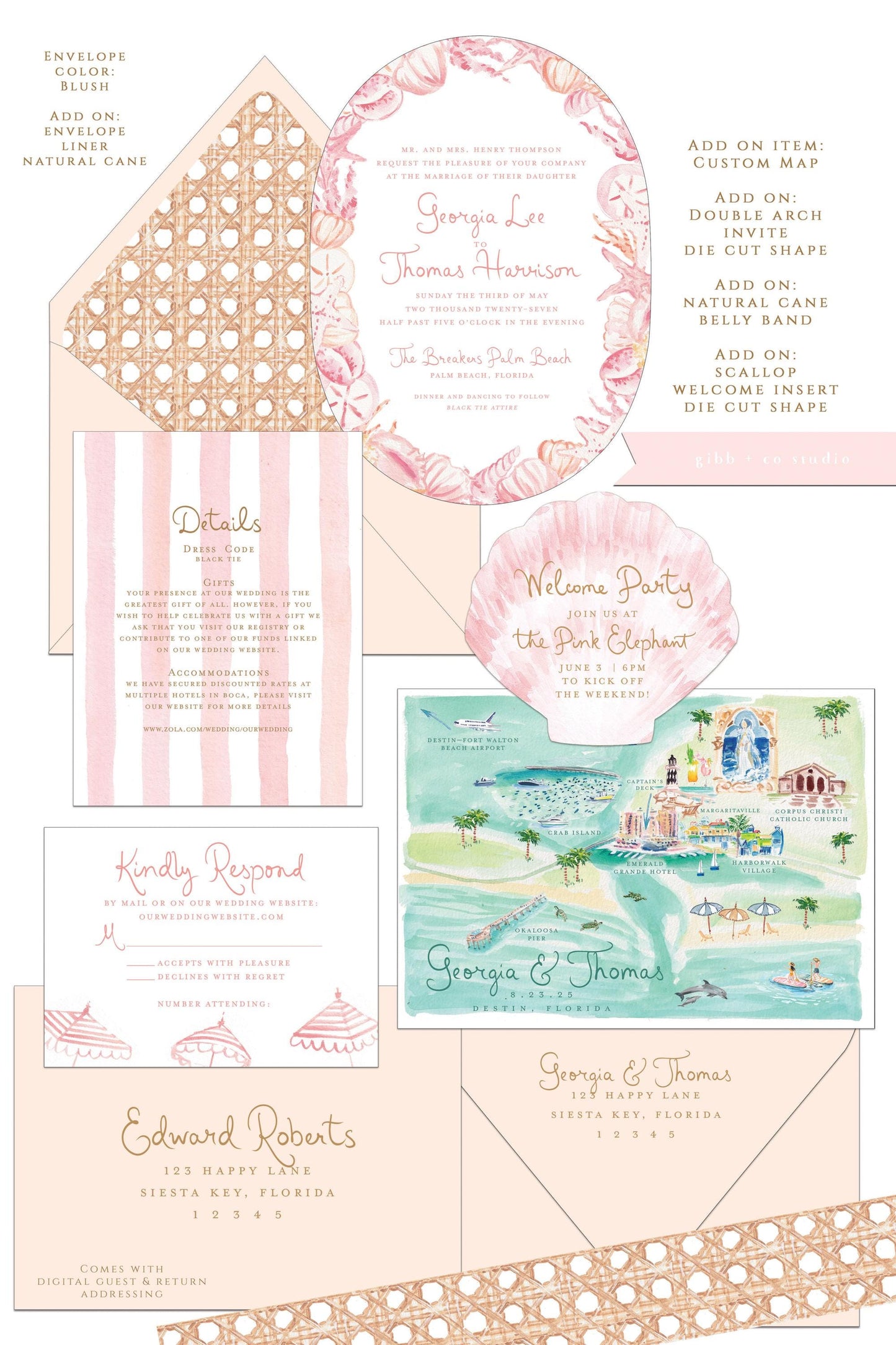 Cleo Watercolor Beach Wedding Invitation, Coastal Design, pink, semi custom, Deposit