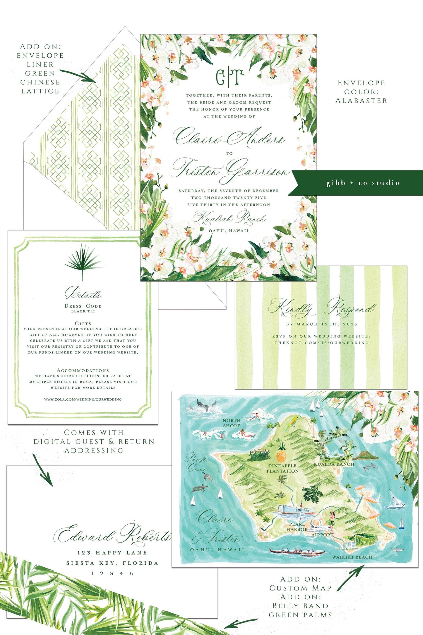 Tropical wedding invitations, beach wedding, Coastal wedding, White Orchid Tori Semi Custom wedding invites, rsvp, detail, deposit
