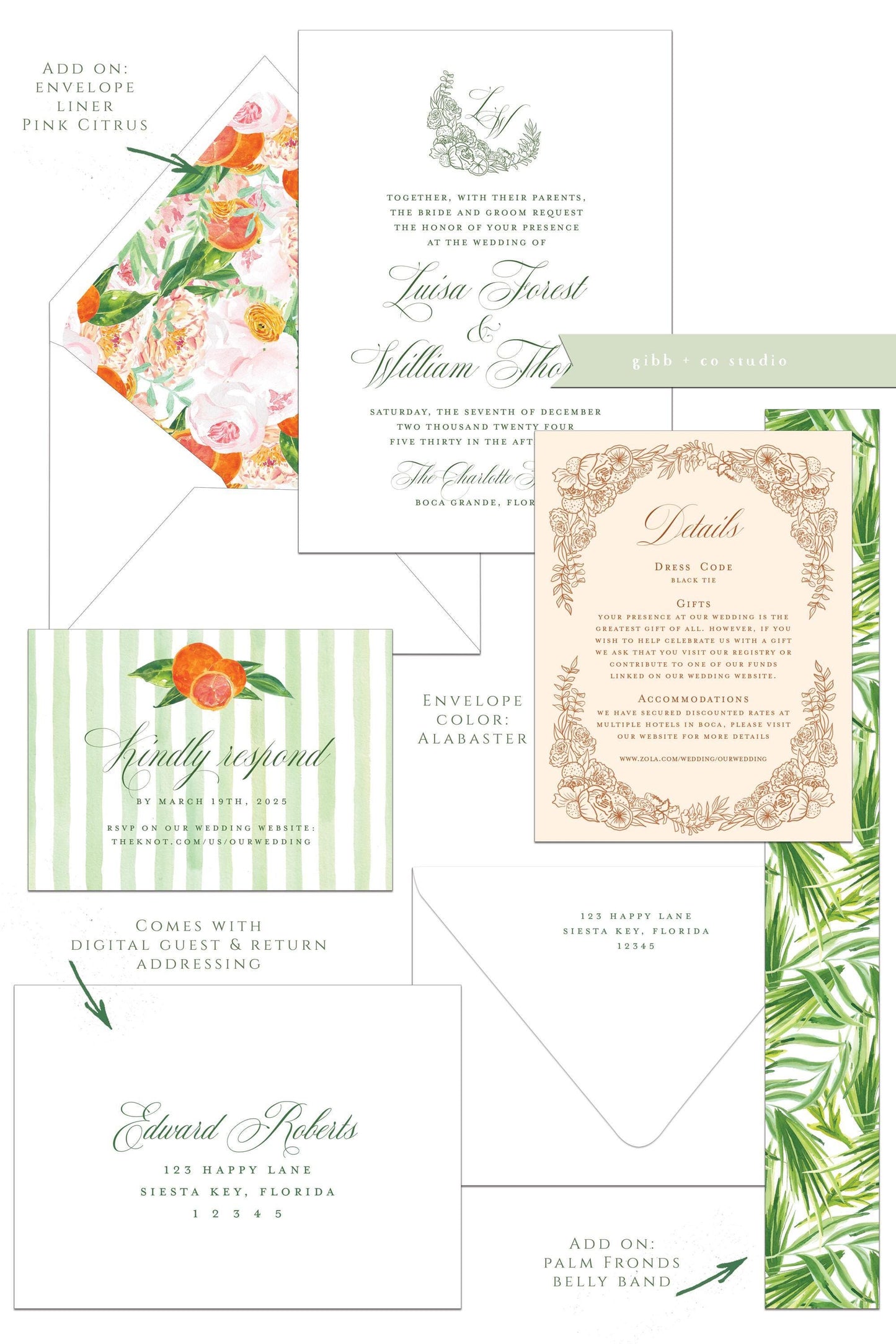 Watercolor Citrus Floral Wedding Invitation Set, semi custom, deposit