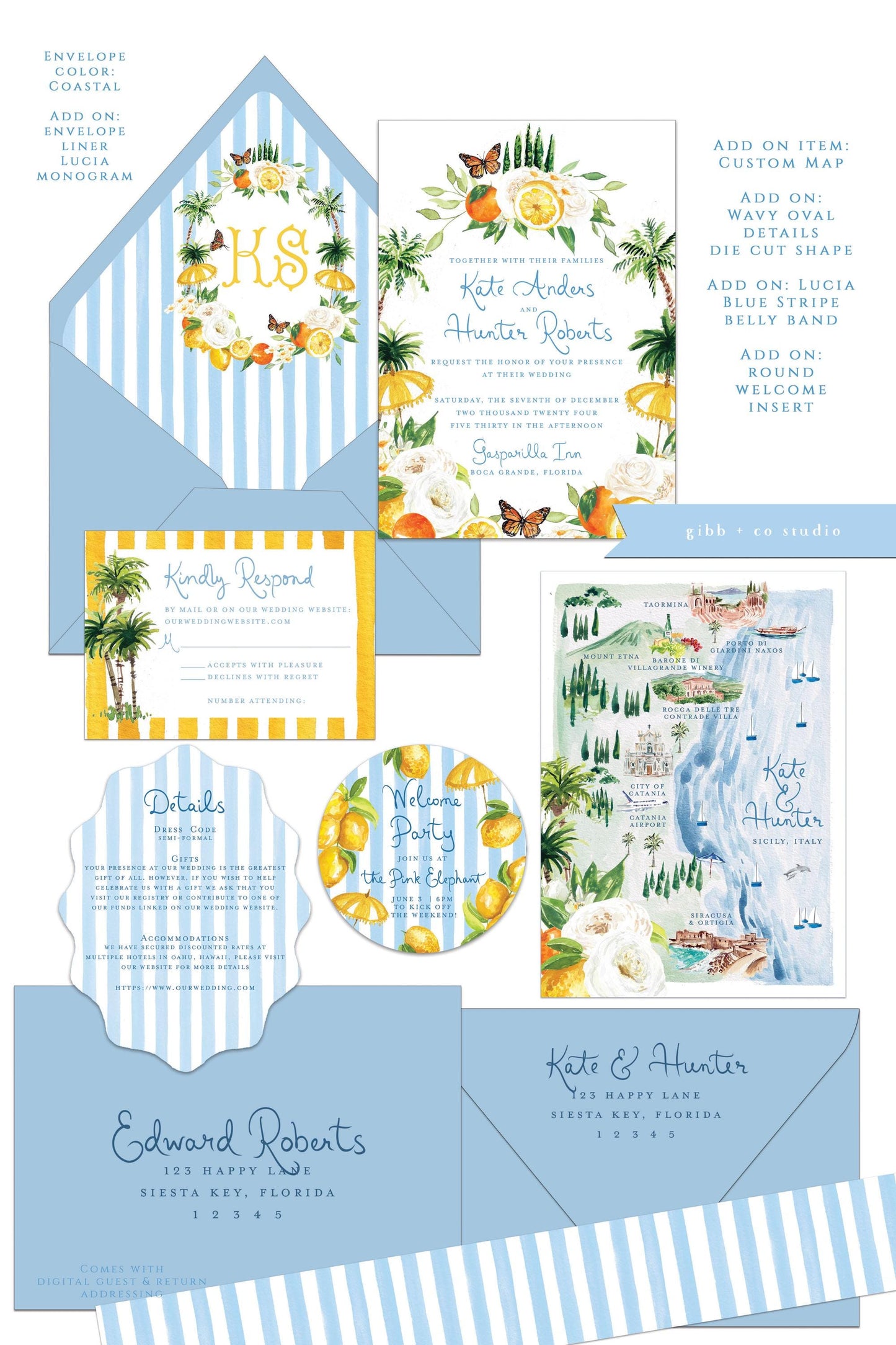 Lucia wedding invitation, blue, beach wedding, tropical wedding, coastal wedding, semi custom, destination wedding, watercolor invites, deposit only