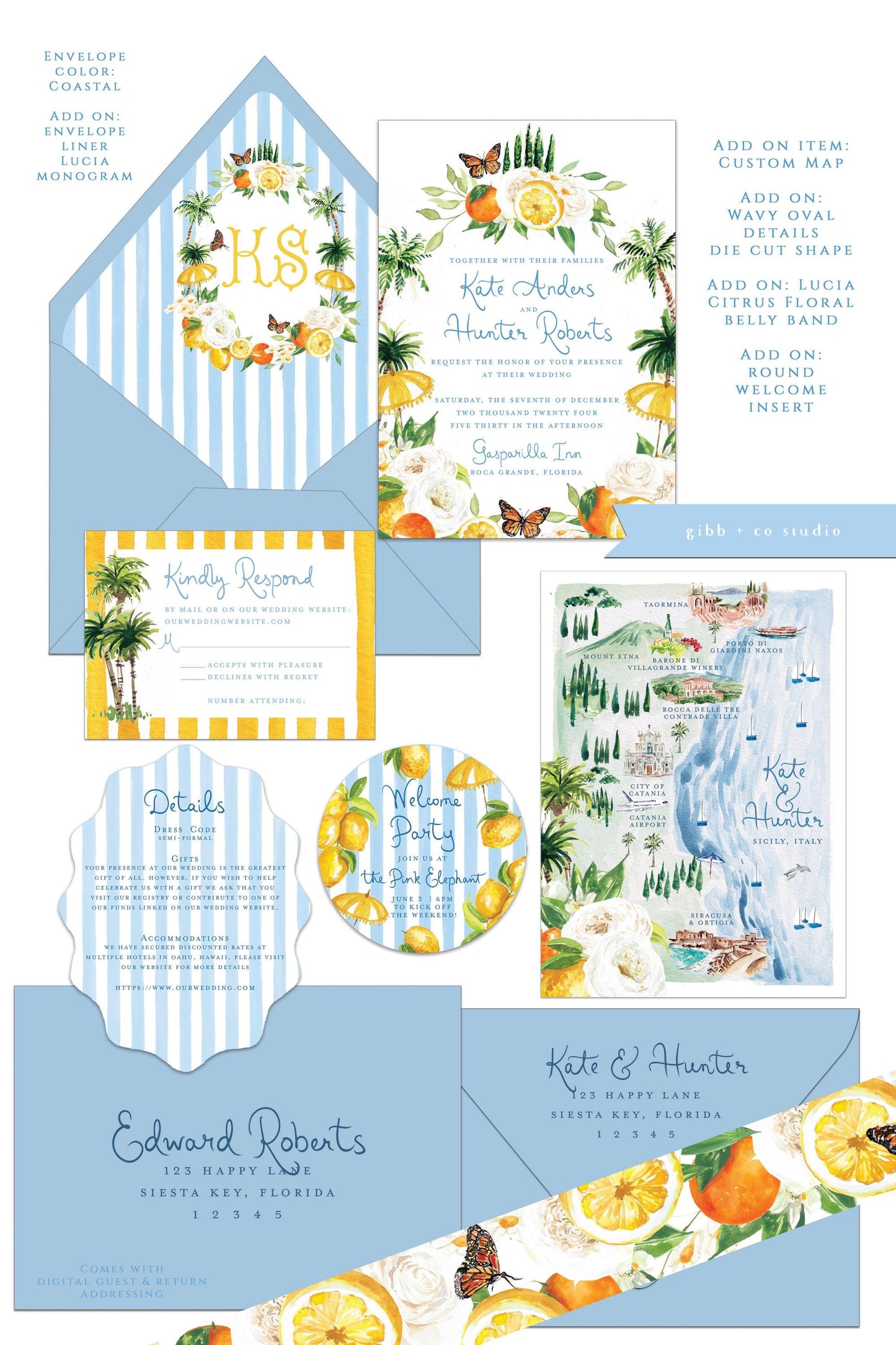 Lucia wedding invitation, blue, beach wedding, tropical wedding, coastal wedding, semi custom, destination wedding, watercolor invites, deposit only